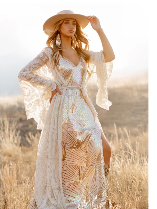 Joyfolie Dresses & Skirts - Joyfolie Aulora Gold Stripe Sequin Maxi Dress - Cream